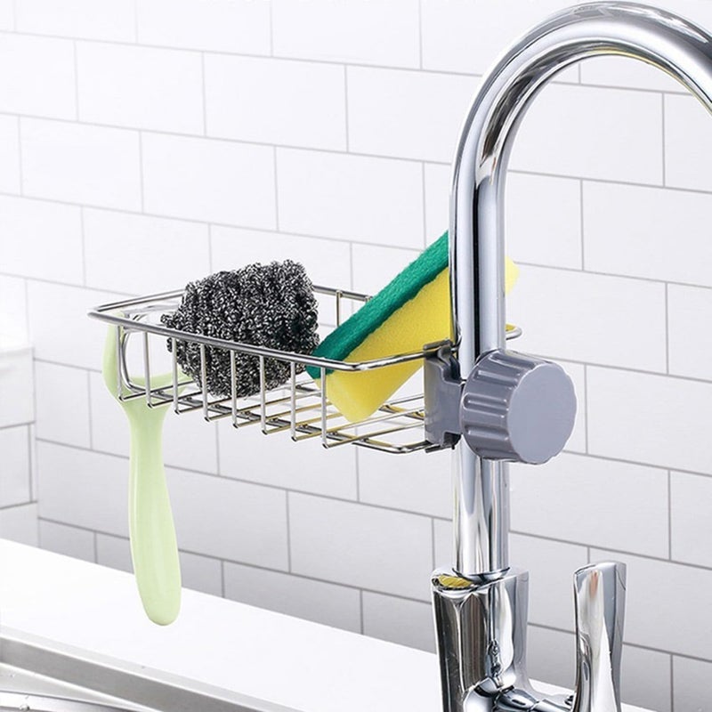 PUJI Kitchen Sink Caddy Organizer Over Faucet Sponge Holder, Stainless Steel Heavy Duty Thickening Hanging Faucet Drain Rack for Scrubbers, Soap, Bathroom, Detachable No Suction Cup or Magnet - Image 1