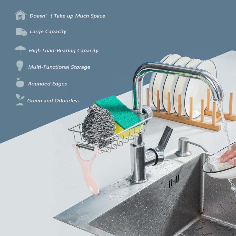 PUJI Kitchen Sink Caddy Organizer Over Faucet Sponge Holder, Stainless Steel Heavy Duty Thickening Hanging Faucet Drain Rack for Scrubbers, Soap, Bathroom, Detachable No Suction Cup or Magnet - Image 2