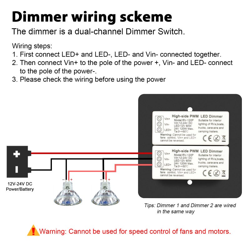 VIPMOON DC12V/24V RV Dimmer Switch 2 Gang 120W PWM On/Off Led Light Rotary Dimmer for LED Strip Lights, Puck Lights, Awning Lights in Camper/Motorhome/Boat/Van/Trailer/Truck, Single Color - Image 3