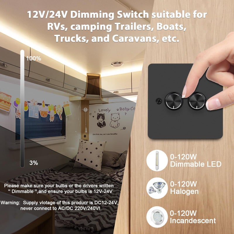 VIPMOON DC12V/24V RV Dimmer Switch 2 Gang 120W PWM On/Off Led Light Rotary Dimmer for LED Strip Lights, Puck Lights, Awning Lights in Camper/Motorhome/Boat/Van/Trailer/Truck, Single Color - Image 2