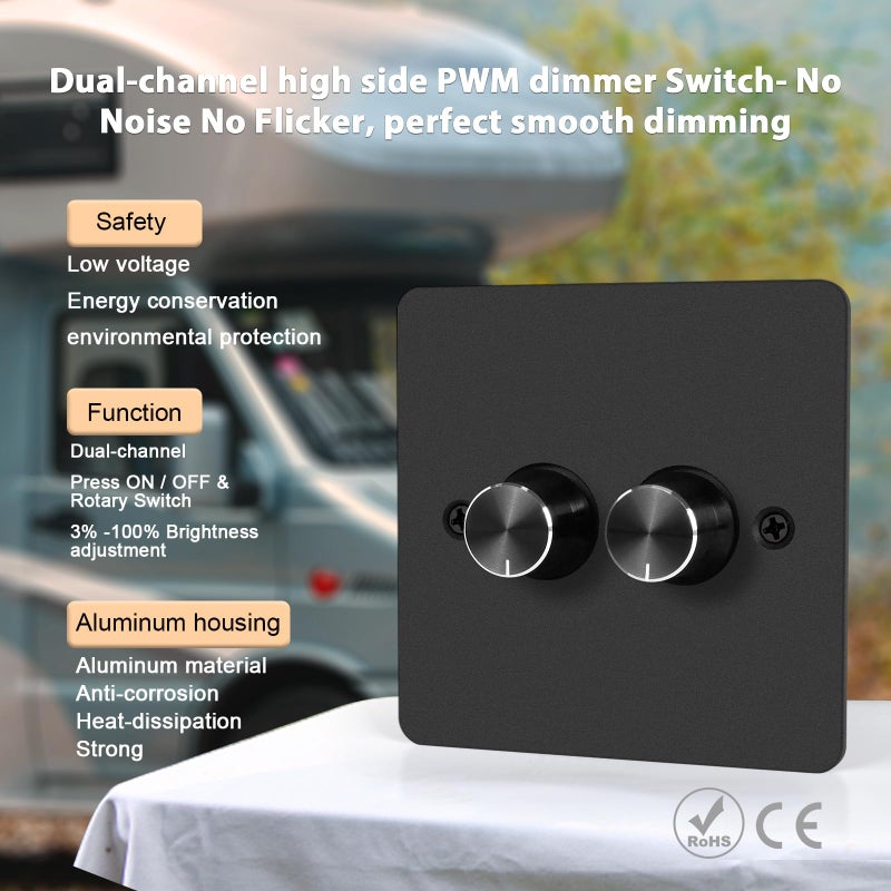 VIPMOON DC12V/24V RV Dimmer Switch 2 Gang 120W PWM On/Off Led Light Rotary Dimmer for LED Strip Lights, Puck Lights, Awning Lights in Camper/Motorhome/Boat/Van/Trailer/Truck, Single Color - Image 4