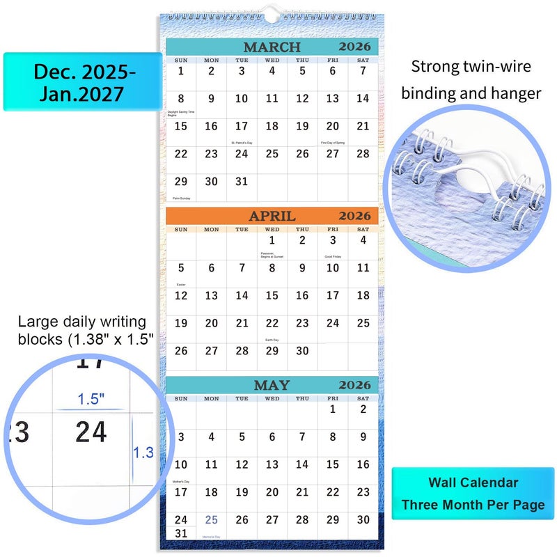 BooQool 2026 Wall Calendar - January 2026 - December 2026, 3-Month Display Vertical Calendar 2026, Calendar Planner 2026, 11" x 26", Large, Lay- Flat, Perfect for Your Busy Schedule - Image 4