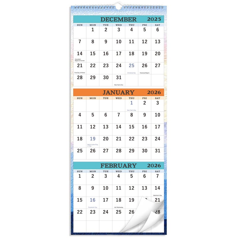 BooQool 2026 Wall Calendar - January 2026 - December 2026, 3-Month Display Vertical Calendar 2026, Calendar Planner 2026, 11" x 26", Large, Lay- Flat, Perfect for Your Busy Schedule - Image 1