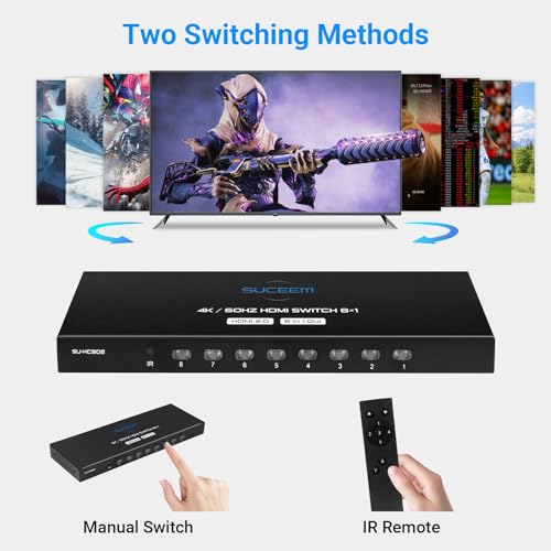 Suceem 4K@60Hz HDMI Switch 8 in 1 Out, HDMI Switcher Selector Box with IR Remote Control, Support 4K 60Hz Ultra HDR HDCP 3D for Xbox PS5 PS4 Xbox PC Laptop - Image 5