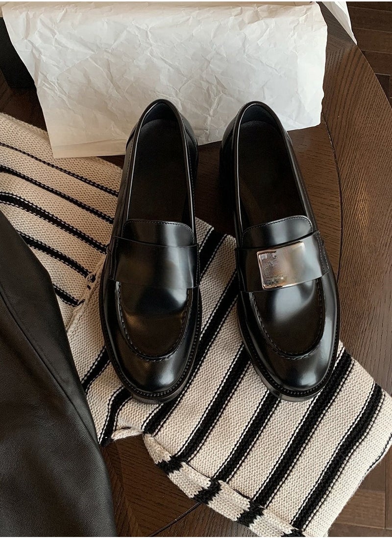 Generic Women's Metal Buckle Thick Soled Leather Shoes  - Image 1