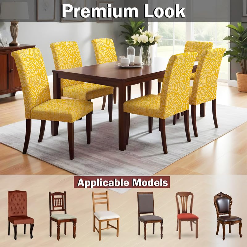 HOTKEI Pack of 6 Orange Abstract Printed 200 GSM Elastic Stretchable Dining Table Chair Seat Cover Protector Slipcover for Dining Table Chair Cover Set of 6 Seater - Image 5