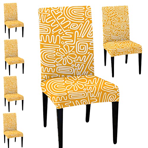 HOTKEI Pack of 6 Orange Abstract Printed 200 GSM Elastic Stretchable Dining Table Chair Seat Cover Protector Slipcover for Dining Table Chair Cover Set of 6 Seater - Image 1