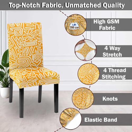 HOTKEI Pack of 6 Orange Abstract Printed 200 GSM Elastic Stretchable Dining Table Chair Seat Cover Protector Slipcover for Dining Table Chair Cover Set of 6 Seater - Image 4