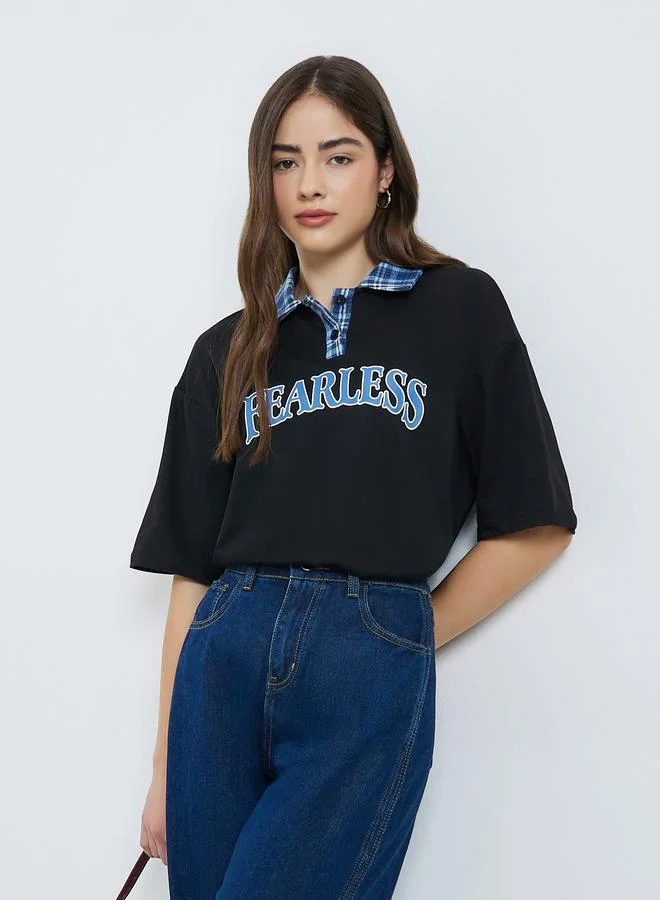 Styli Black Oversized Slogan Print Polo T-Shirt