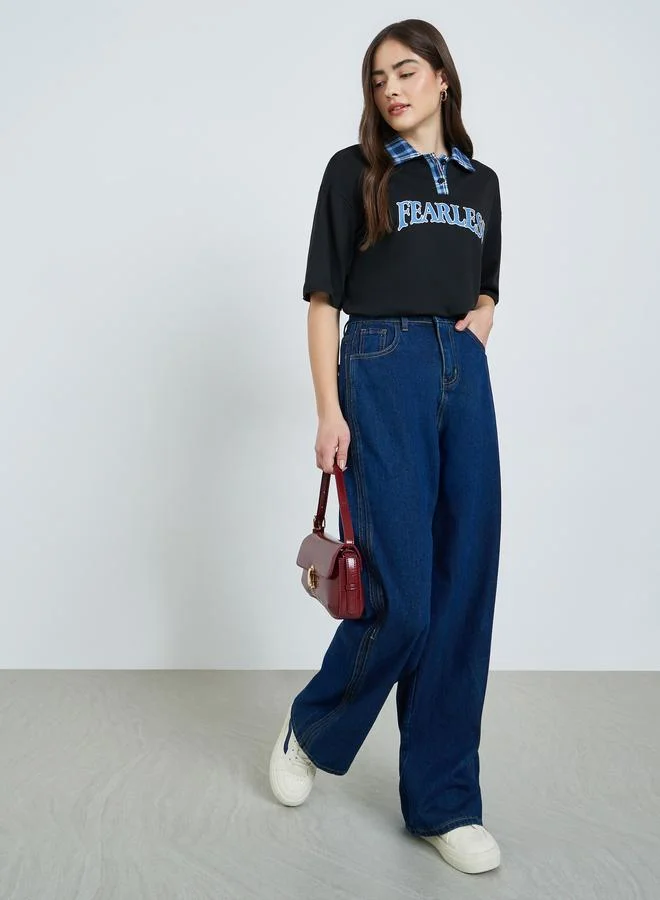 Styli Black Oversized Slogan Print Polo T-Shirt