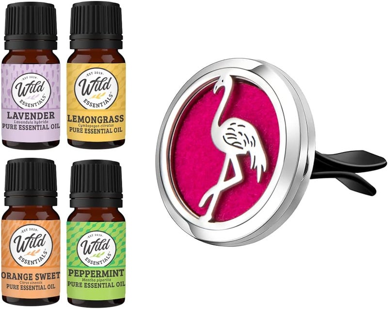 mEssentials Wild Essentials Flamingo Essential Oil Car Vent Diffuser Kit with Lavender, Lemongrass, Peppermint, Orange Oils, Stainless Steel Locket Pendant, 8 Refill Pads, Customizable Color Changing Air Fresh