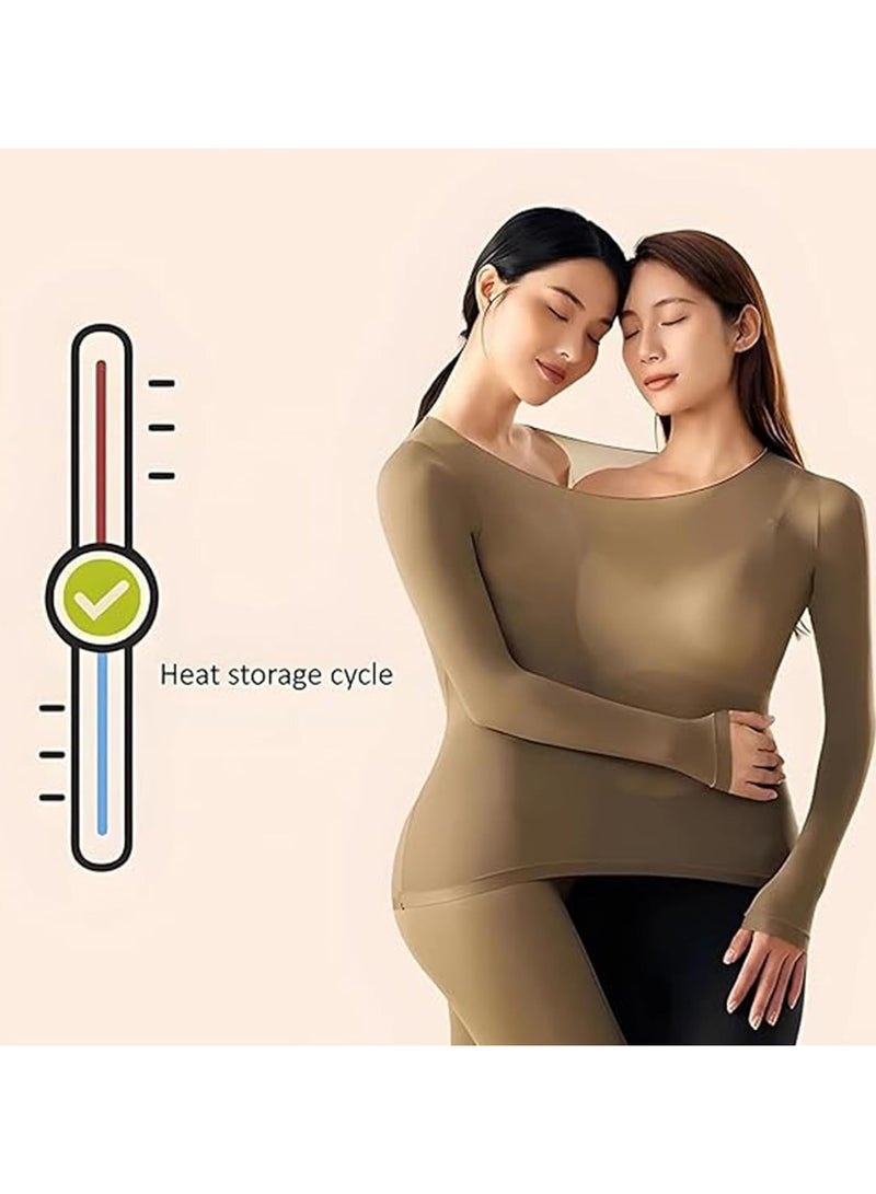 TOMSHOO Women Thick Thermal Underwear Set,Ladies Self-heating Long Johns Thermal Set,Premium Soft Hyaluronic Acid Water-locking Base Layer Tops & Bottoms for Hiking (Beige) - Image 3