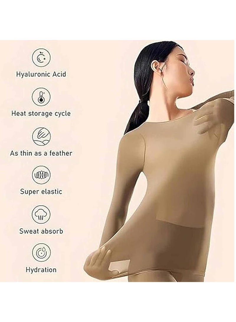 TOMSHOO Women Thick Thermal Underwear Set,Ladies Self-heating Long Johns Thermal Set,Premium Soft Hyaluronic Acid Water-locking Base Layer Tops & Bottoms for Hiking (Beige) - Image 2