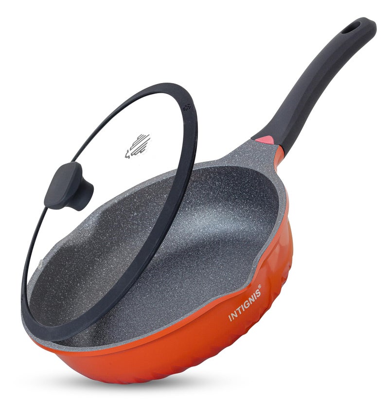 INTIGNIS Deep NonStick Frying Pan with Lid  3in1 Saut Pan Skillet  Mini Wok  GREBLON Ceramic Coating  Induction Hob Safe  Stainless Steel Base PTFE  PFOA Free Orange 28 cm