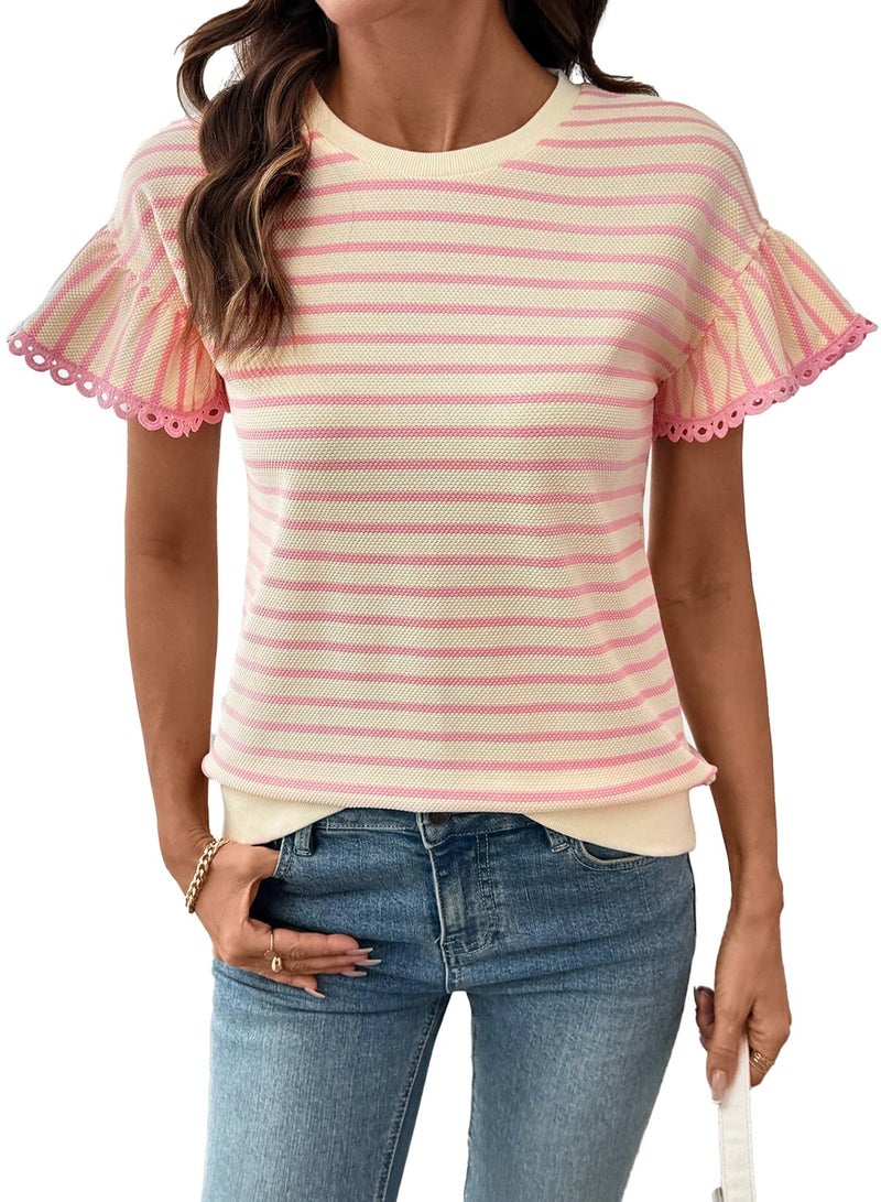 Shein SHEWIN Women Summer Tops Ruffle Short Sleeve Shirts Business Dressy Blouse Casual Fashion Trendy Sweaters Loose Fit Work 2026 Clothes Size XL, Beige and Pink Stripe - Image 1