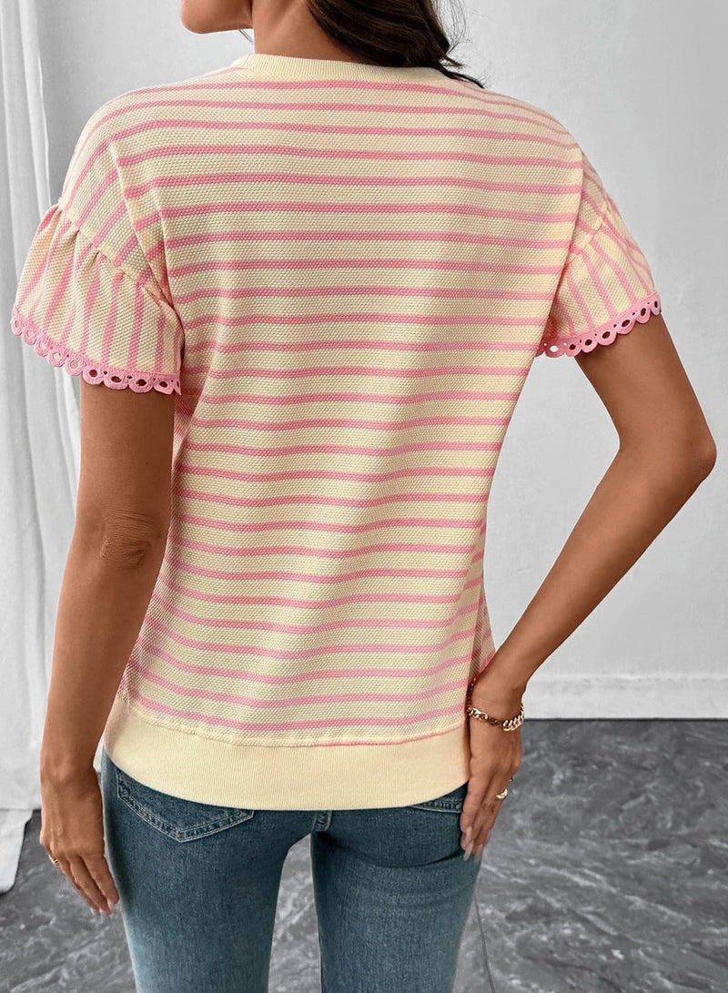 Shein SHEWIN Women Summer Tops Ruffle Short Sleeve Shirts Business Dressy Blouse Casual Fashion Trendy Sweaters Loose Fit Work 2026 Clothes Size XL, Beige and Pink Stripe - Image 3
