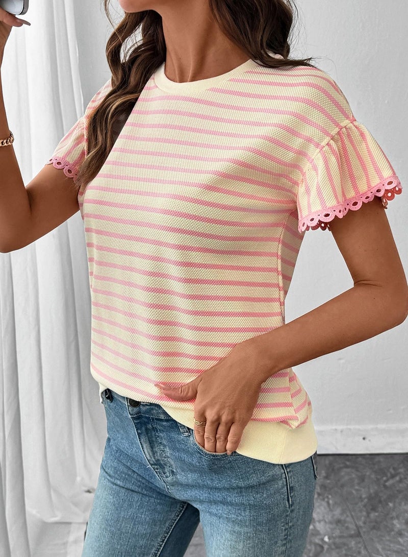 Shein SHEWIN Women Summer Tops Ruffle Short Sleeve Shirts Business Dressy Blouse Casual Fashion Trendy Sweaters Loose Fit Work 2026 Clothes Size XL, Beige and Pink Stripe - Image 2