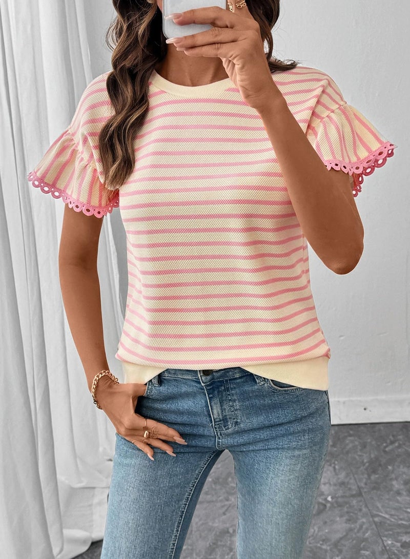 Shein SHEWIN Women Summer Tops Ruffle Short Sleeve Shirts Business Dressy Blouse Casual Fashion Trendy Sweaters Loose Fit Work 2026 Clothes Size XL, Beige and Pink Stripe - Image 4