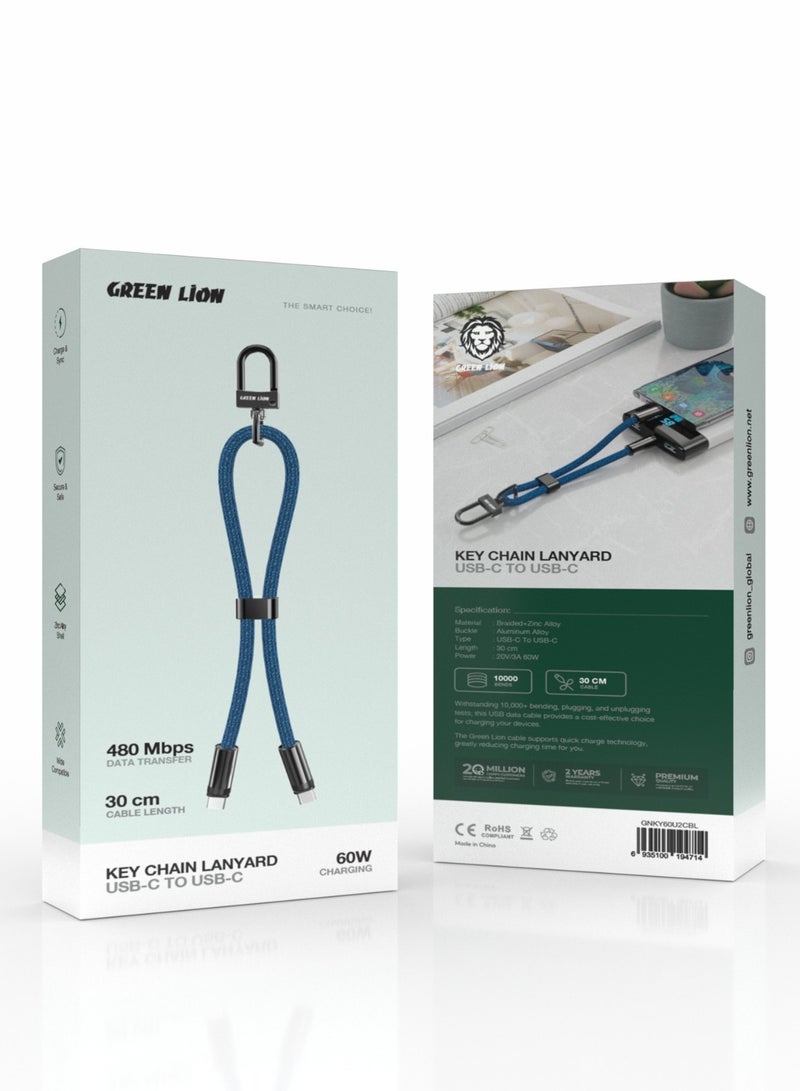 GREEN LION Keychain lanyard USB-C to USB-C 60W / Charge & Sync / Secure & Safe / 30cm Wire /  Wide Compatibility / Fast Charging / 480Mbps Data Transfer - Blue - Image 3