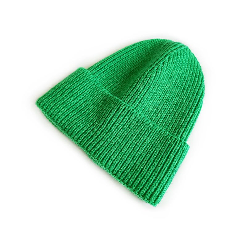 Cat Brother Childrens Korean-style Cute Monochrome Casual Knitted Turn-up Simple Slight Multi-color Fashionable Dome Woolen Hat Green