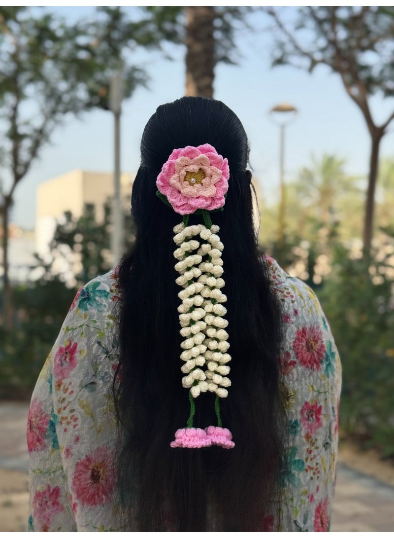 HerTouch Creations Handmade Crochet Lotus & Jasmine Gajra, Flower Hair Accessory for Women (1 Pc) - Image 2