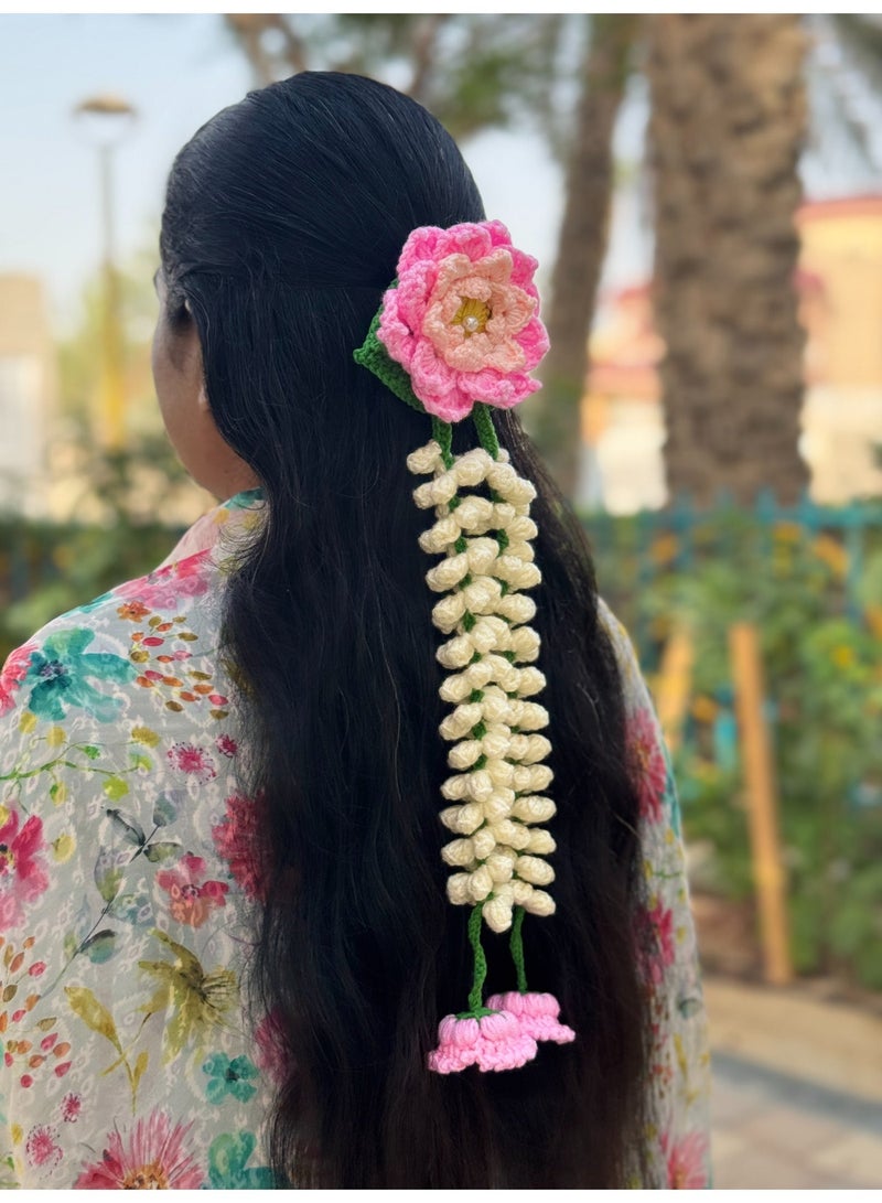 HerTouch Creations Handmade Crochet Lotus & Jasmine Gajra, Flower Hair Accessory for Women (1 Pc) - Image 1