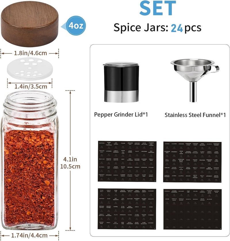 Yangbaga 24Pcs Glass Spice Jars with Labels-4OZ Wood Lid Square Spice Containers with Pepper Grinder Lids &Funnel,Seasoning Jars for Rack Cabinet Drawer - Image 3