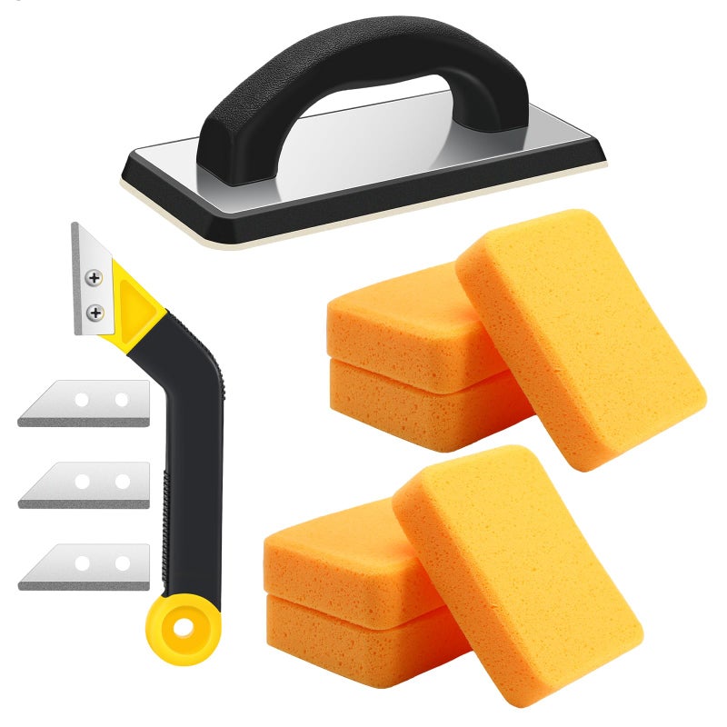 Blulu 11 Pcs Grout Float Sets Include 9.5 x 4 Inch Molded Rubber Grout Float, 6 Sponge, Angled Tile Saw with 3 Blades Replacement, Removal Tool for Masonry Stucco Drywall Concrete (Black) - Image 1