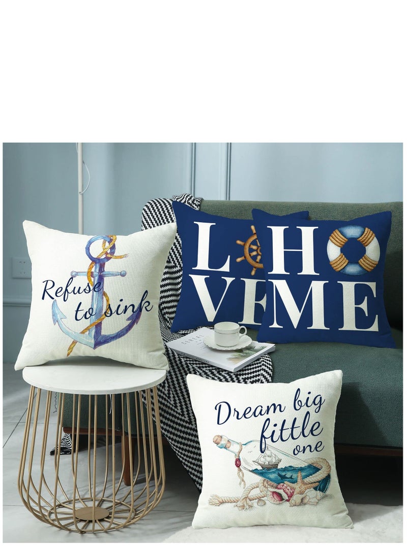 SYOSI Throw Pillow Covers 18x18 Nautical Pillow Cover, Farmhouse Summer Decorative Pillow Cover Set of 4, Navy Blue Linen Couch Pillows Covers for Living Room Sofa Bed Home Decor - Image 5