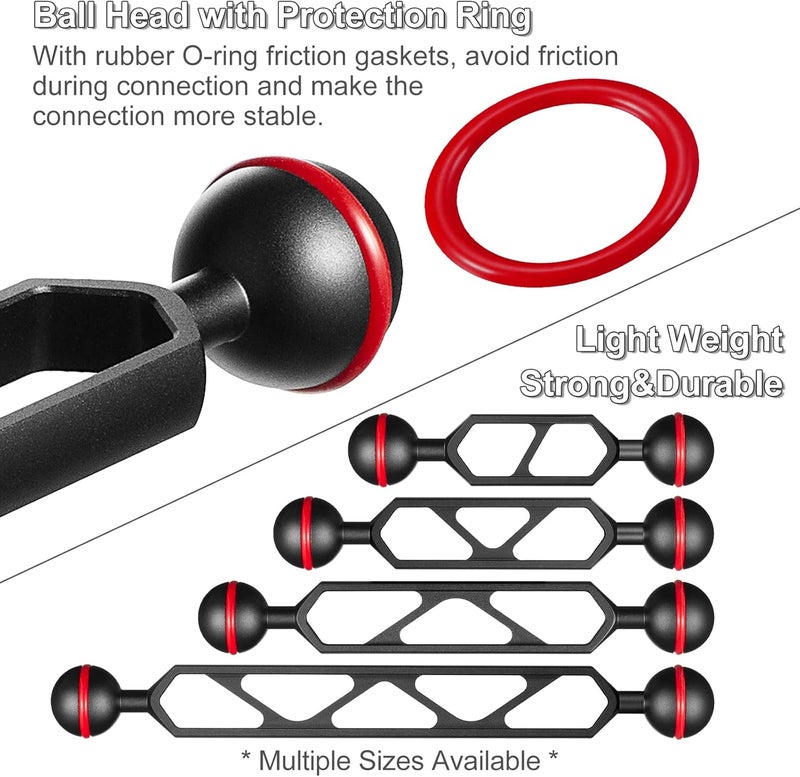 MINIFOCUS ذراع تمديد مزدوجة من الألمنيوم بطول 6 بوصات، موصل رأس كرة 1 بوصة لنظام ذراع CNC تحت الماء، تمديد رأس الكرة للضوء الفلاش/فيديو/صينية كاميرا الغوص، مقاوم للماء ومضاد للصدأ (عبوة 2) - Image 2