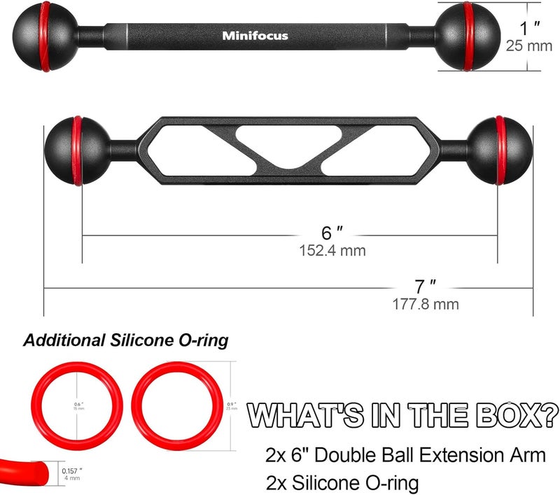 MINIFOCUS ذراع تمديد مزدوجة من الألمنيوم بطول 6 بوصات، موصل رأس كرة 1 بوصة لنظام ذراع CNC تحت الماء، تمديد رأس الكرة للضوء الفلاش/فيديو/صينية كاميرا الغوص، مقاوم للماء ومضاد للصدأ (عبوة 2) - Image 4