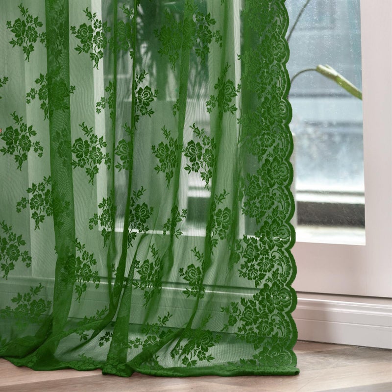 Kotile 36 Inch Length Emerald Green Sheer Curtains Short 2 Panels Set Country Rustic Floral Hunter Green Lace Kitchen Window Curtains Over Sink, Rod Pocket Privacy Forest Green Lace CafÃ© Curtain, 42x36 Inch - Image 4