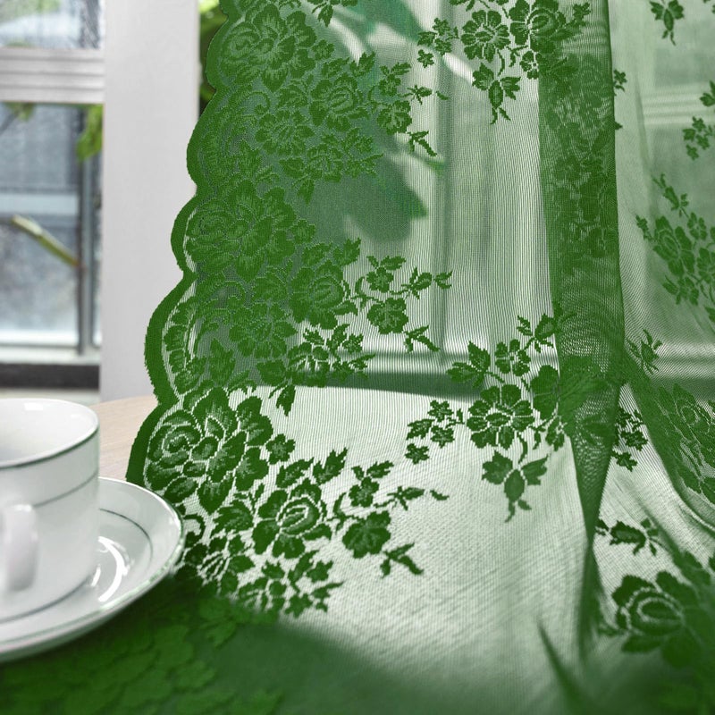 Kotile 36 Inch Length Emerald Green Sheer Curtains Short 2 Panels Set Country Rustic Floral Hunter Green Lace Kitchen Window Curtains Over Sink, Rod Pocket Privacy Forest Green Lace CafÃ© Curtain, 42x36 Inch - Image 1