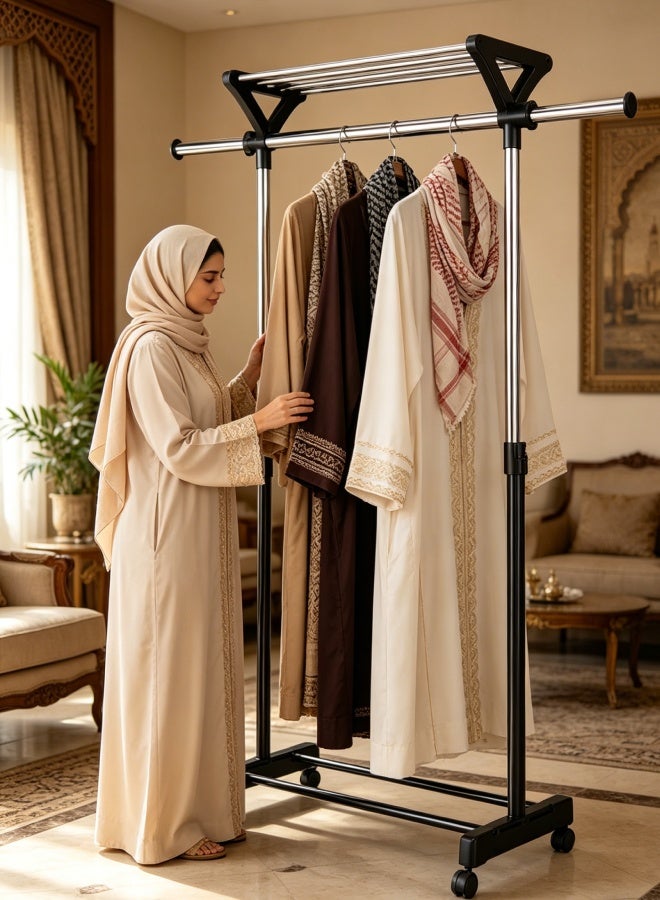 AETHER Heavy Duty Clothes Rack on Wheels, Expandable Rolling Garment Rack with Top Storage Shelf, Adjustable Stainless Steel Clothes Organizer for Bedroom Living Room - Image 2