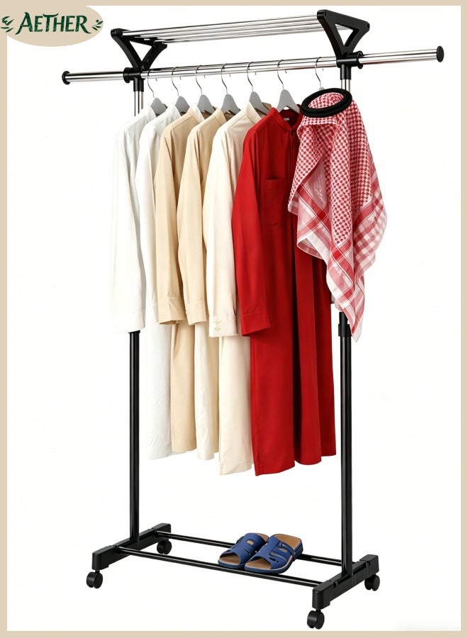 AETHER Heavy Duty Clothes Rack on Wheels, Expandable Rolling Garment Rack with Top Storage Shelf, Adjustable Stainless Steel Clothes Organizer for Bedroom Living Room - Image 1