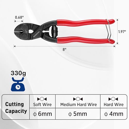 WORKPRO 8-inch Mini Bolt Cutter with Recess and Spring, Compact Bolt Cutters with Comfortable Soft Grip, Security Lock,CR-V Steel Blade for Wire, Cables, Chains, Small Screws - Image 2