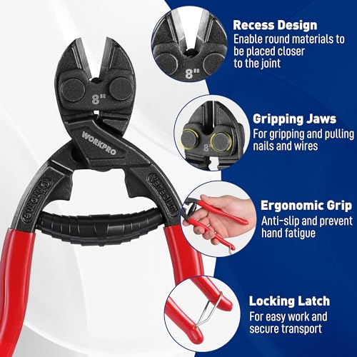 WORKPRO 8-inch Mini Bolt Cutter with Recess and Spring, Compact Bolt Cutters with Comfortable Soft Grip, Security Lock,CR-V Steel Blade for Wire, Cables, Chains, Small Screws - Image 3