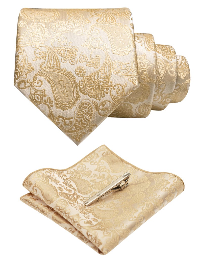 JEMYGINS Gold Paisley Tie Wedding Business Silk Necktie and Pocket Square, Hankerchief with Tie Clip Sets for Men(6) - Image 1