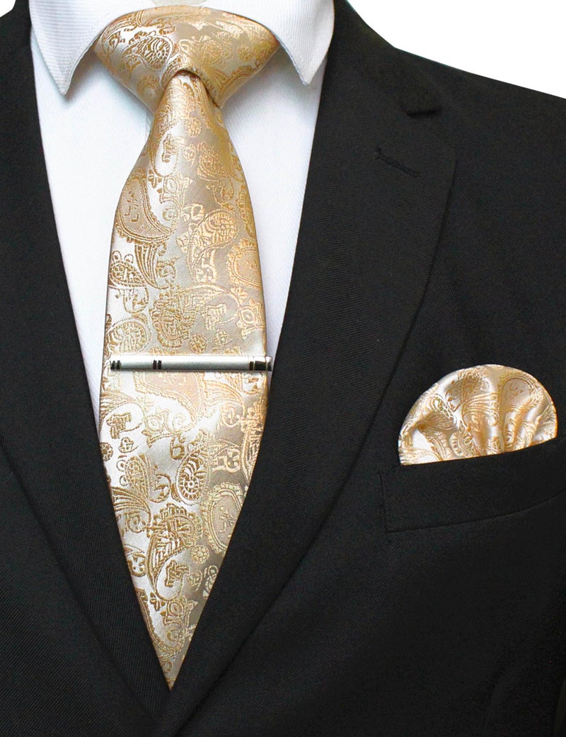 JEMYGINS Gold Paisley Tie Wedding Business Silk Necktie and Pocket Square, Hankerchief with Tie Clip Sets for Men(6) - Image 2