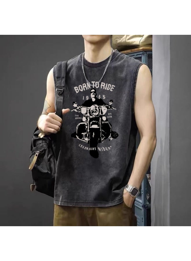 Summer New American Vintage Washed Distressed Sleeveless T-shirt Men's Loose Oversized Vest Streetwear Brand Vest T-shirt