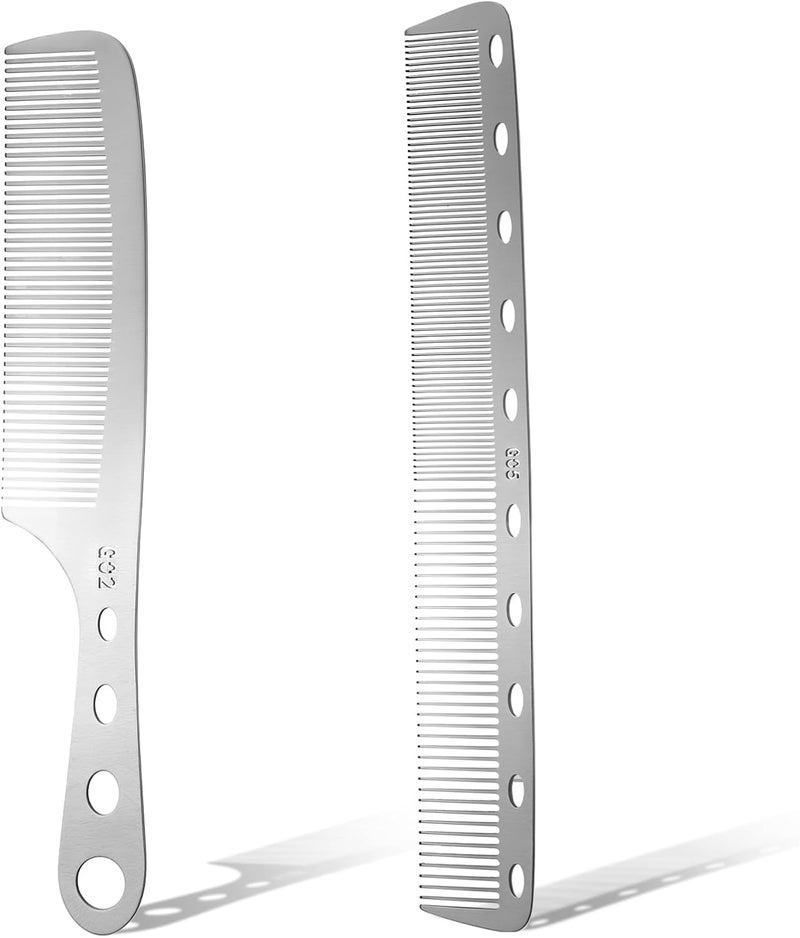 Styquenzer 2 Pieces Metal Comb, Combs for Men Silver Fine Tooth Comb Stainless Steel Barber Comb Anti Static Styling Comb Heat Resistant Detangler Comb Set Hair Cutting Comb - Image 1