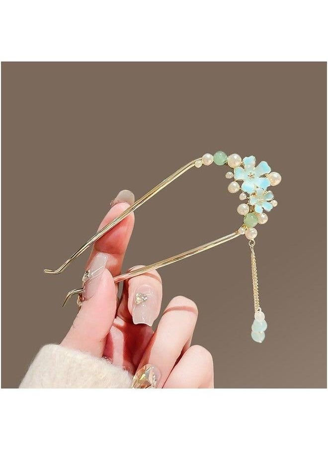 NIBEMINENT Elegant Grain Cats Eye U-Shape Hairpin Blue Flower Tassel U-shaped 