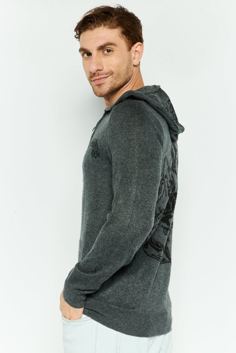 Ed Hardy سويت شيرت بقلنسوة للرجال بشعار العلامة التجارية بأكمام طويلة، رمادي داكن - Image 3