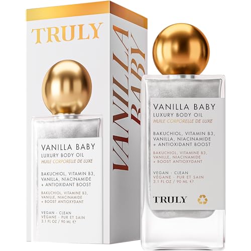 Truly Beauty Vanilla Baby Luxury Body Oil | Plumping Body Shimmer Oil for Hydration & Firmness | With Bakuchiol & Niacinamide for Collagen Boost | Vanilla, Pear & Caramel Scent | Radiant Glow - Image 1