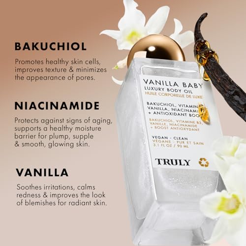 Truly Beauty Vanilla Baby Luxury Body Oil | Plumping Body Shimmer Oil for Hydration & Firmness | With Bakuchiol & Niacinamide for Collagen Boost | Vanilla, Pear & Caramel Scent | Radiant Glow - Image 4
