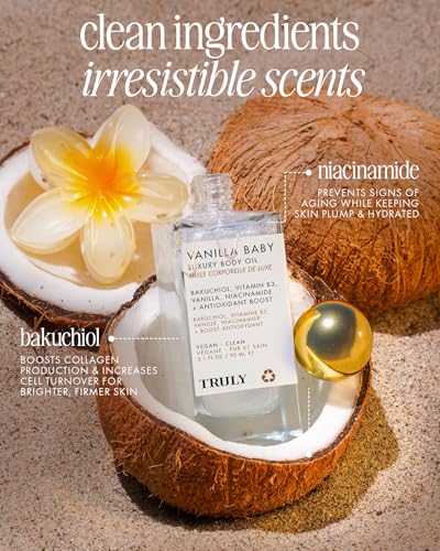 Truly Beauty Vanilla Baby Luxury Body Oil | Plumping Body Shimmer Oil for Hydration & Firmness | With Bakuchiol & Niacinamide for Collagen Boost | Vanilla, Pear & Caramel Scent | Radiant Glow - Image 3