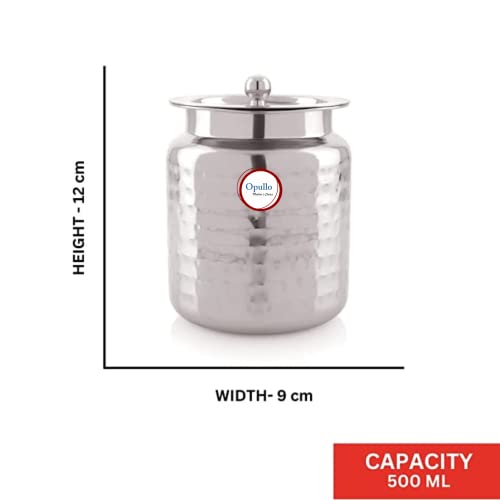 Opullo Stainless Steel Ghee Pot With Spoon | Oil Containers For Kitchen | Ghee Container With Spoon 500 Ml Hammered Finish - Image 4