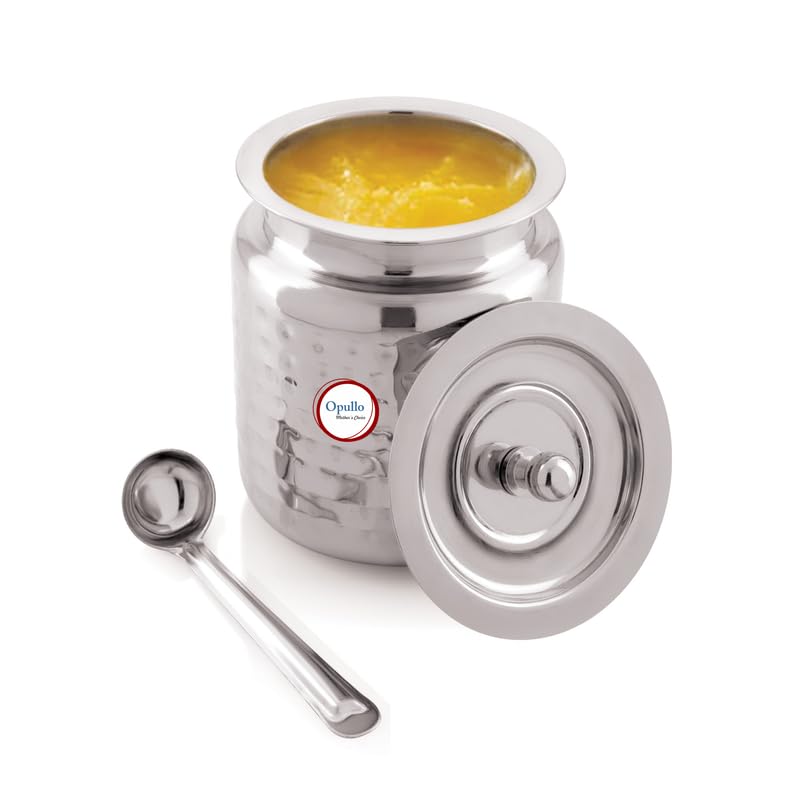 Opullo Stainless Steel Ghee Pot With Spoon | Oil Containers For Kitchen | Ghee Container With Spoon 500 Ml Hammered Finish - Image 2