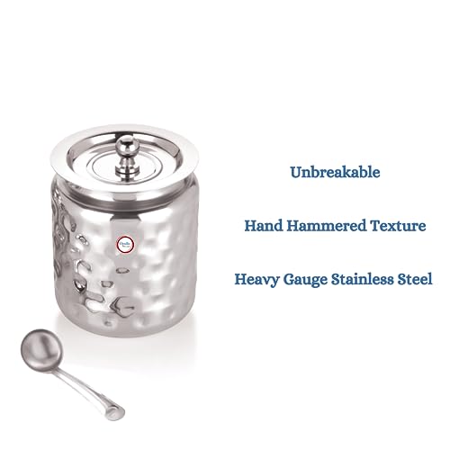 Opullo Stainless Steel Ghee Pot With Spoon | Oil Containers For Kitchen | Ghee Container With Spoon 500 Ml Hammered Finish - Image 5