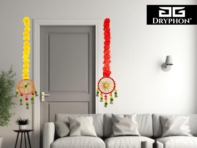 DRYPHON Artificial Marigold Flowers with Pom Pom Ring Bell Hanging Garlands for Home, Diwali & Wedding Decoration (Pack of 6) - Image 5
